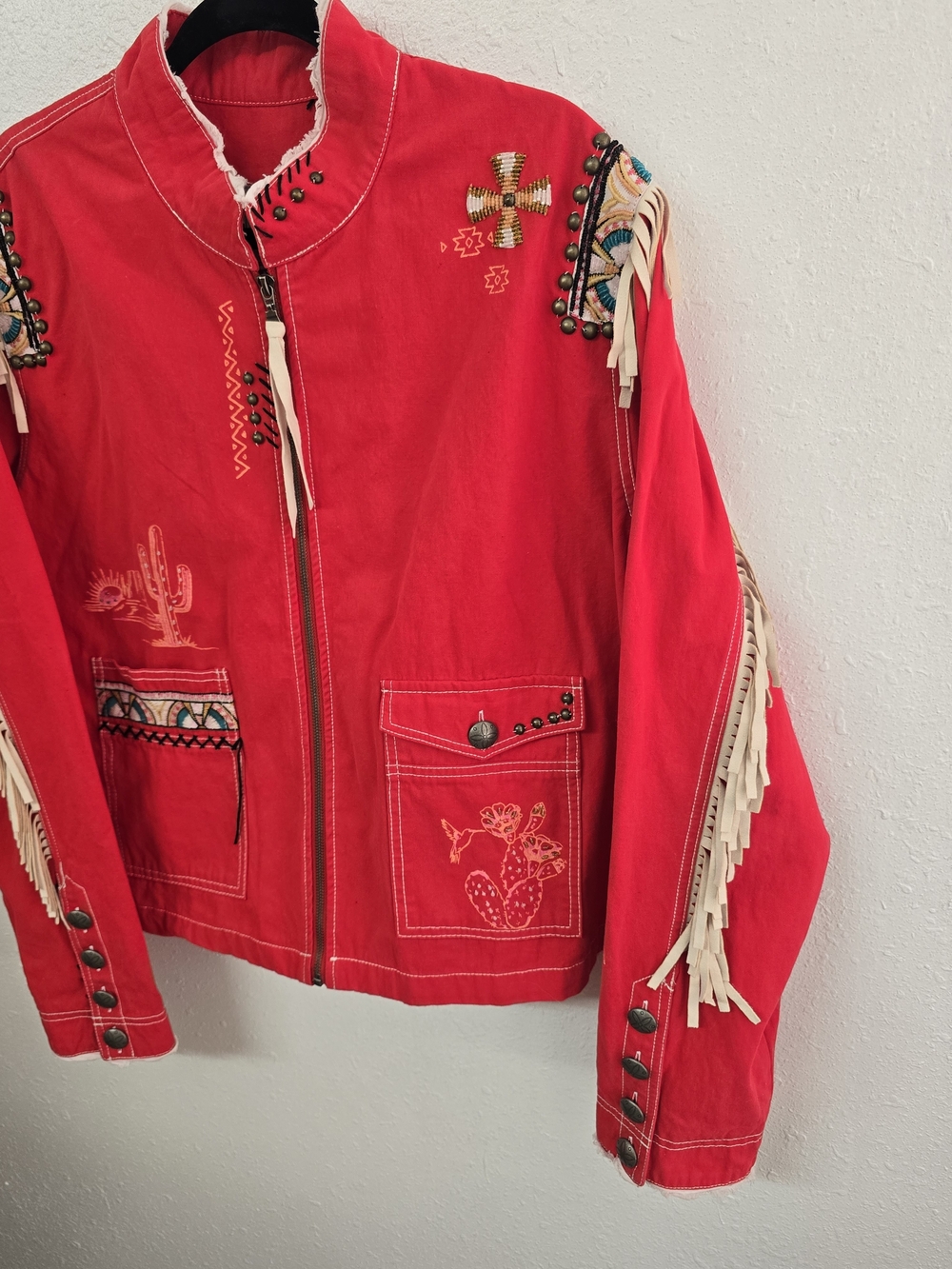 Double D Ranch Red Beaded Fringe Western Pictograph Zip Jacket Size 1X - Picture 4 of 15